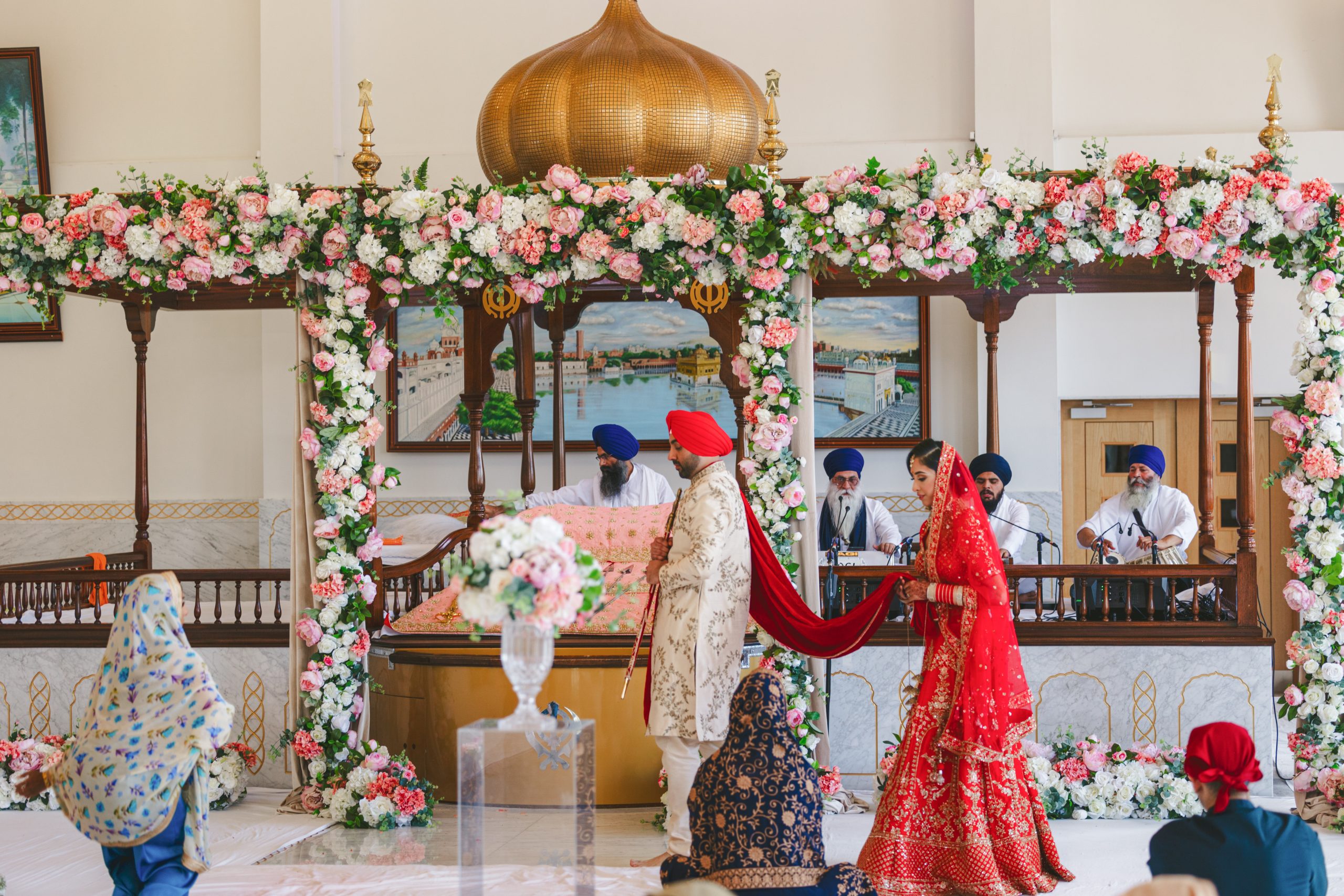 Wide view of Anand Karaj wedding ceremony inside Smethwick Gurdwara